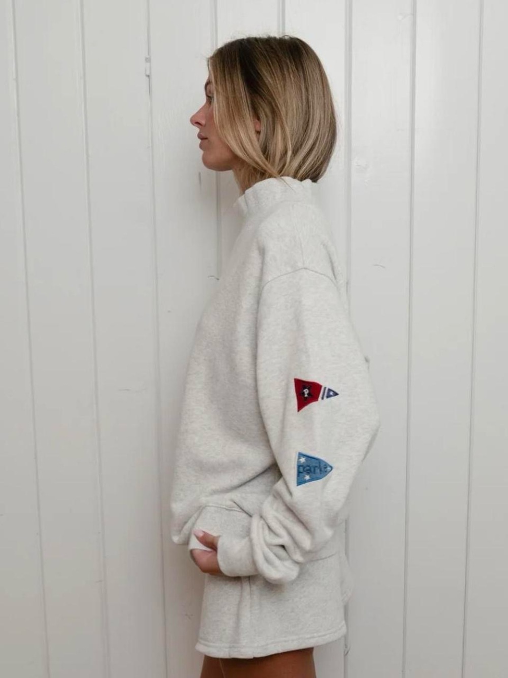 Parker Cream Crewneck Sweatshirt with Red & Blue Patch Accents - Picture 2 of 2